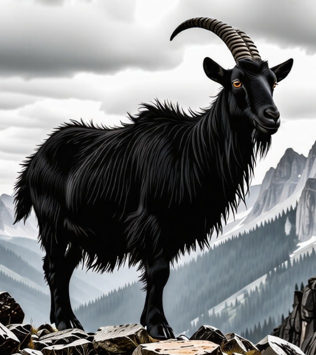 흑염소-한마리가-산-정상에-서-있는-그림입니다.