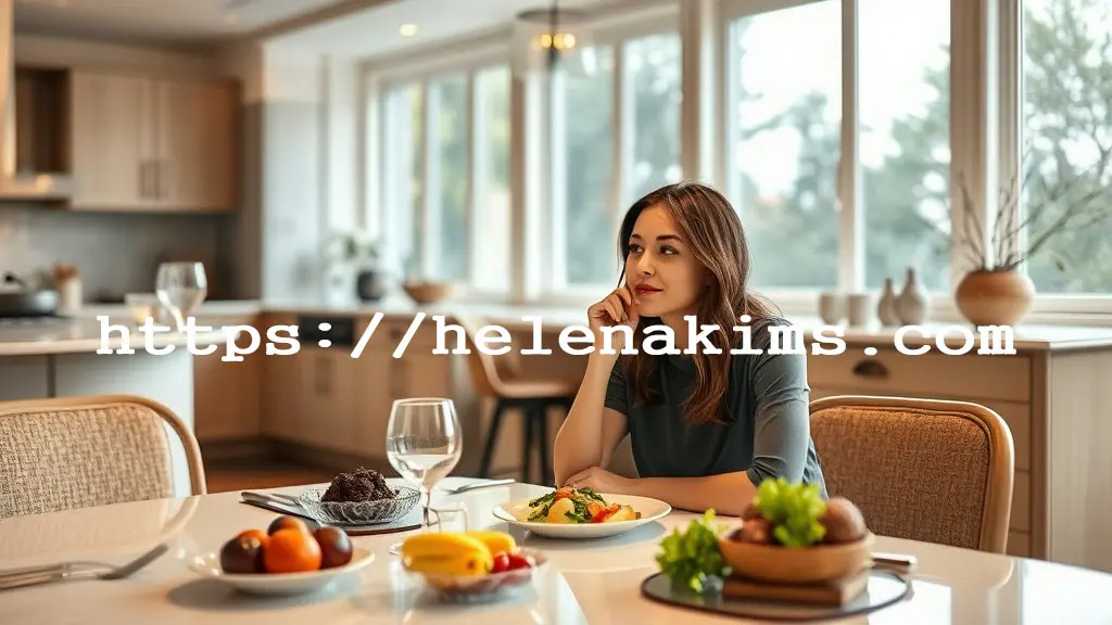 식탁 위에 가벼운 샐러드가 놓여 있고 한 여성이 마음챙김 식사를 평화롭게 즐기는 모습.