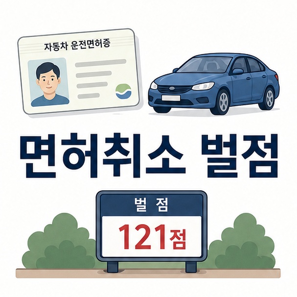 운전면허증과 자동차, 벌점 표시를 이용해 운전면허 취소 벌점 제도를 표현한 이미지
