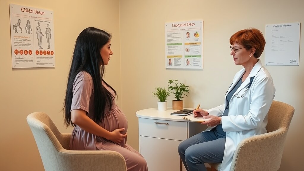 산부인과 전문의가 부부에게 친절하게 임신 관련 정보를 설명해주고 있다. 모니터에는 초음파 사진이나 호르몬 그래프가 보이며, 진지하면서도 희망적인 분위기가 느껴진다.