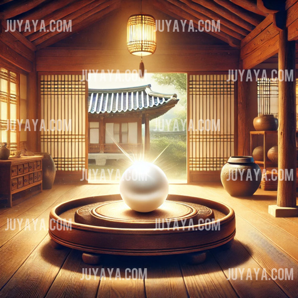 따뜻한 조명 아래 한옥방의 전통 나무 쟁반 위에 놓인 진주&amp;#44; 창밖으로 보이는 정원이 더해져 고요하고 평화로운 분위기를 연출