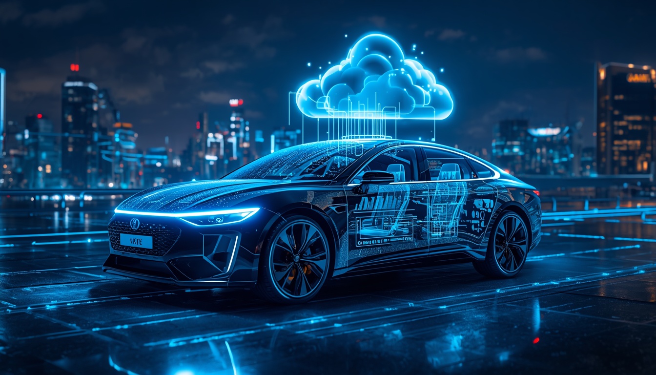 Conceptual visualization of a vehicle connecting to a digital cloud network, representing software-defined mobility and smart car technology.