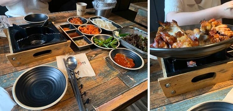 앞접시 및 미니화로에 데워지고 있는 족발