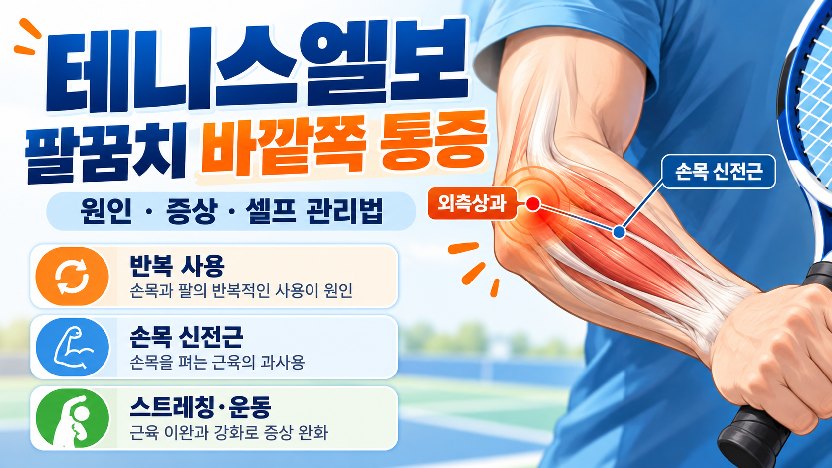 테니스엘보 팔꿈치 바깥쪽 통증｜증상과 셀프 운동법 3가지