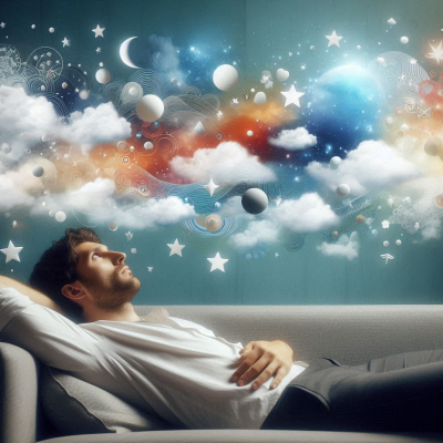 남자가 편안하게 소파에 누워 꿈을 꾸고 있는 모습과 그 위에 구름과 별들이 떠있는 장면