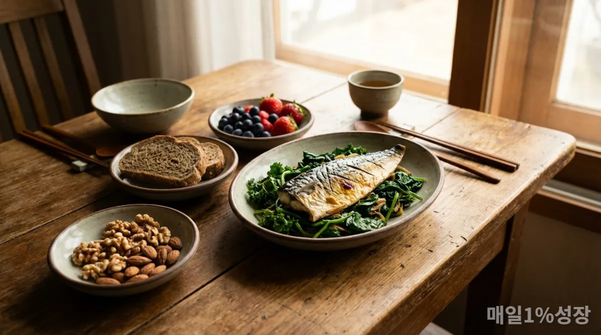 MIND 식단의 다양한 건강 식품으로 구성된 식사