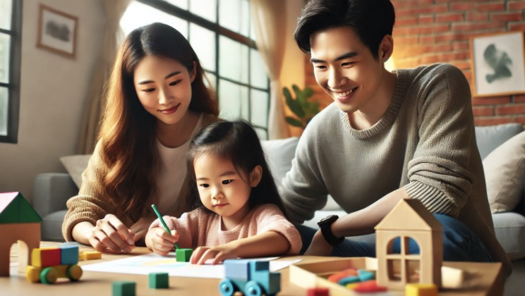 부모의 따뜻한 시선 속에서 놀이에 몰입하는 아이