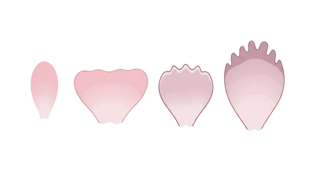 여성소음순 크기와 모양이 매우 다양할 수 있음을 보여주는 추상 페탈 아이콘들