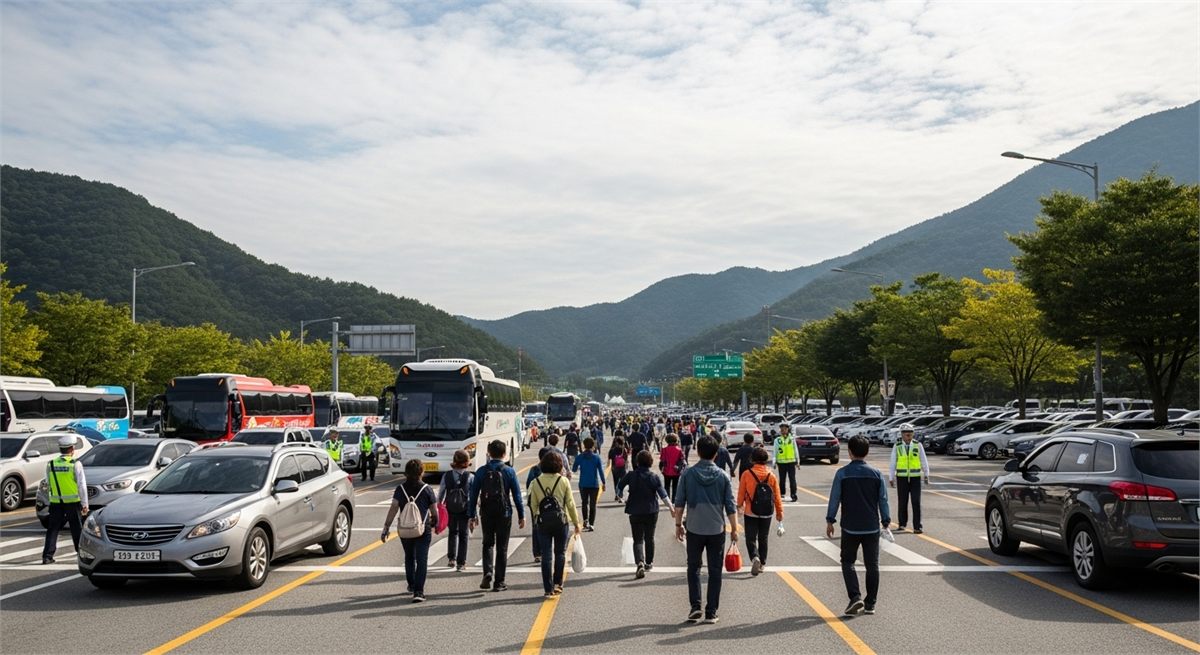 축제장 주변 주차와 교통 흐름을 보여주는 전경 