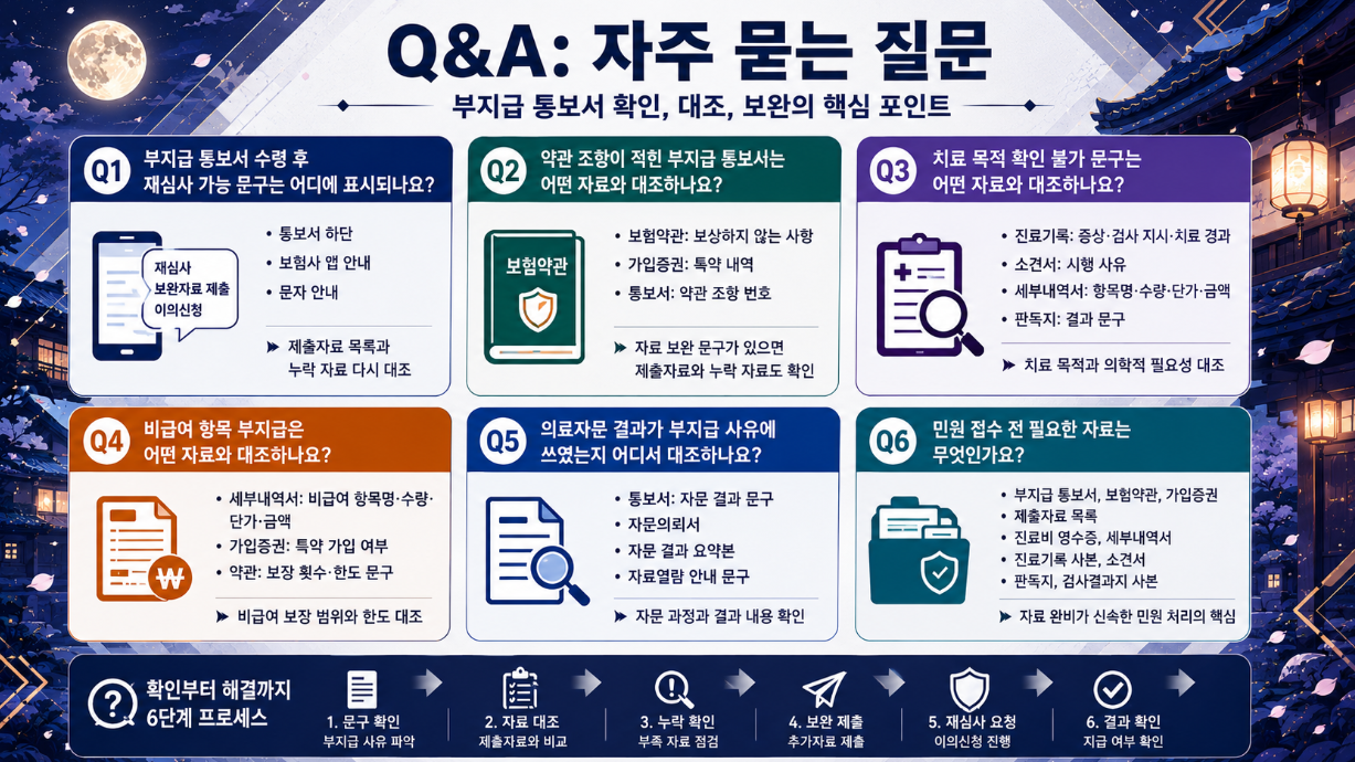 부지급 통보서 확인과 재심사, 약관 조항, 치료 목적, 비급여 항목, 의료자문, 민원 자료를 Q&A 형식으로 정리한 인포그래픽