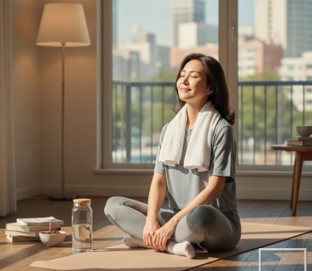 40대 여성이 운동후 휴식을 취하고 있다