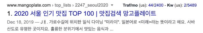 설치하고 구글에서 맛집을 검색했을때 광고를 제외한 최상단 검색결과 대해 월별 트래픽과 키워드링킹이 보여집니다.&nbsp;