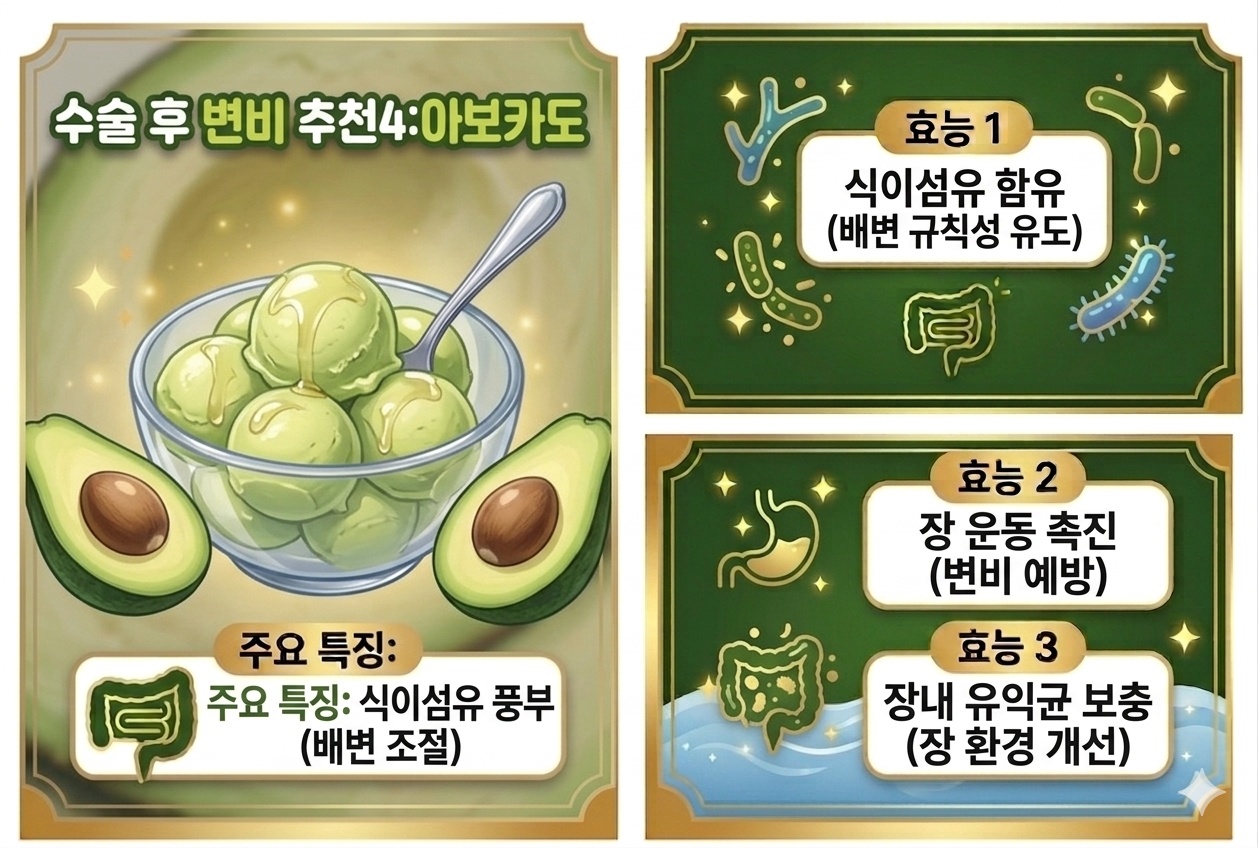 아보카도의 효능 카드뉴스 - 불포화지방산의 장 윤활 작용, 규칙적인 배변 유도 설명