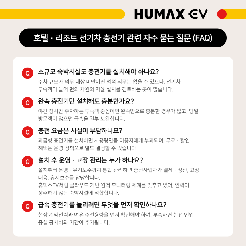호텔&middot;리조트 전기차 충전기 의무 설치&middot;완속만 설치&middot;요금 부담&middot;운영 관리&middot;급속 증설 관련 자주 묻는 질문 요약