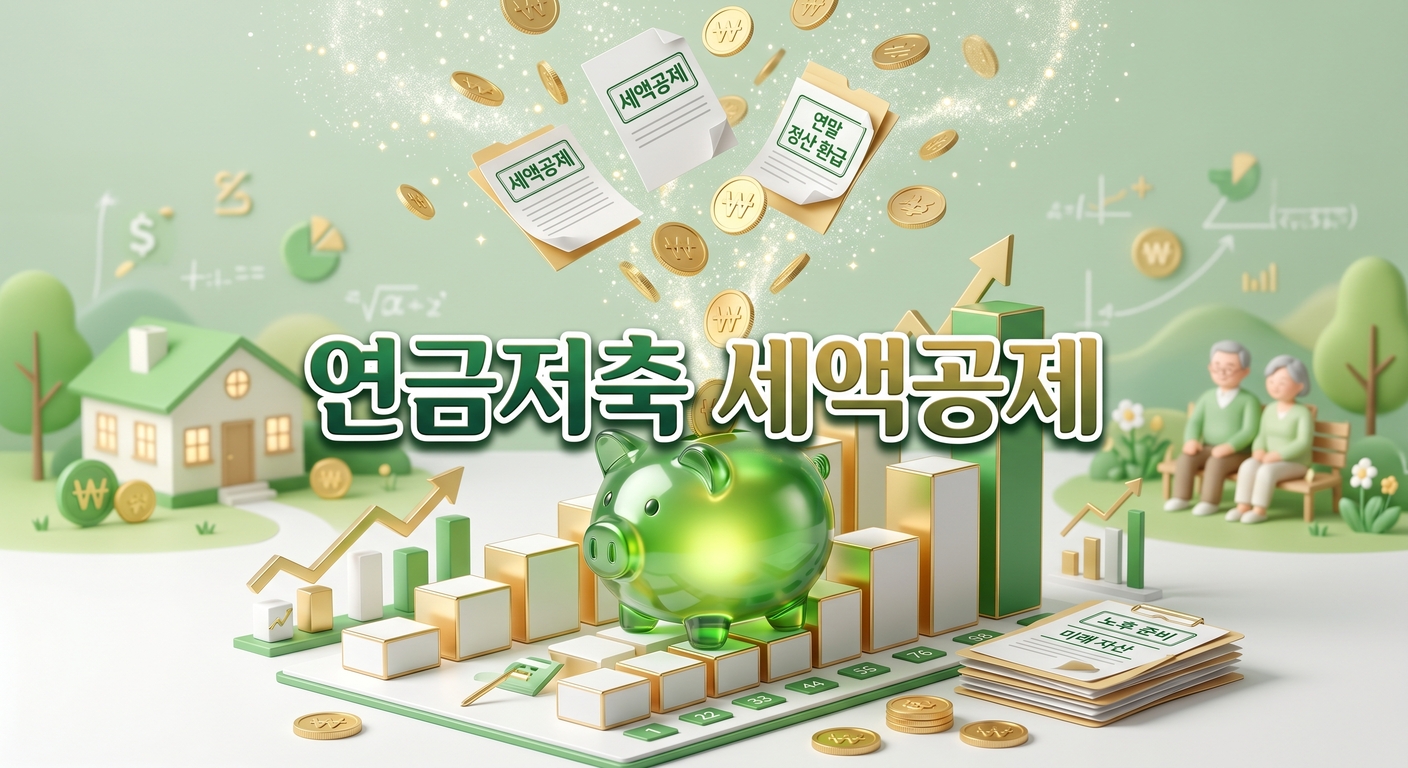 상승하는 막대그래프 위에 놓인 빛나는 초록색 돼지저금통 안으로 황금 동전과 연말정산 서류가 떨어지는 3D 일러스트 배경에, 짙은 그림자와 외곽선으로 선명하게 강조된 '연금저축 세액공제'라는 한글 문구가 중앙에 적힌 이미지