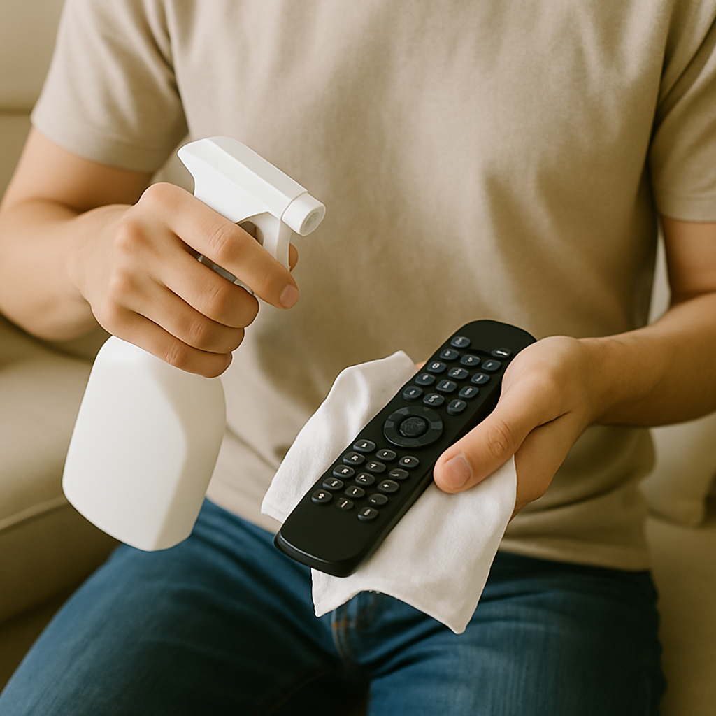 사람이 검은 리모컨에 소독제를 뿌리고 흰 천으로 닦는 장면