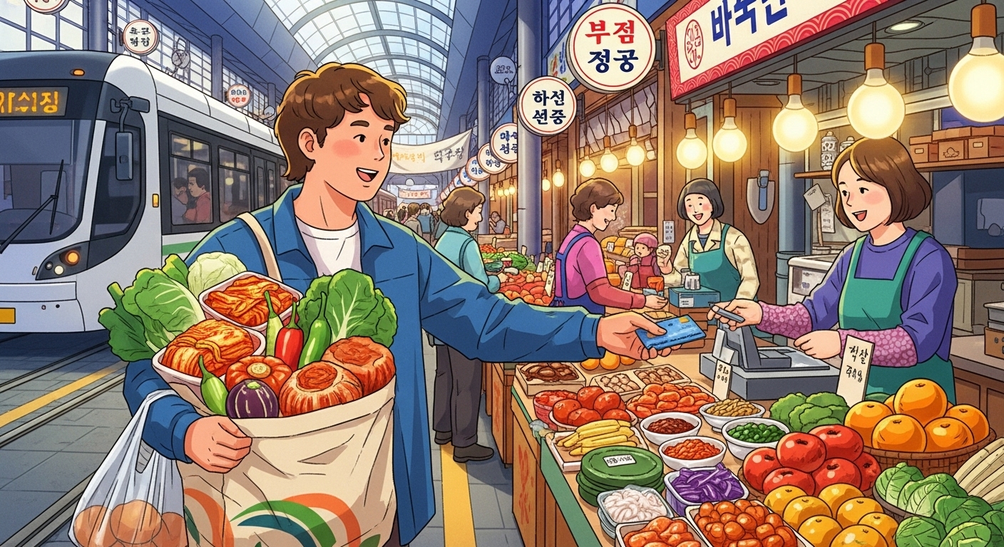 전통시장에서 신용카드로 결제하며 장을 보는 사람과 뒤편으로 보이는 대중교통의 모습.