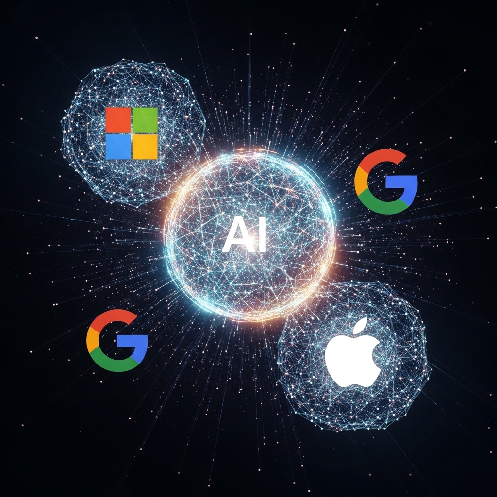 마이크로소프트, 구글, 애플의 AI 소프트웨어 경쟁을 시각화한 추상적인 디지털 아트