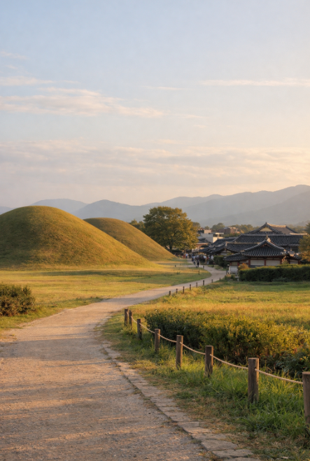 경주 고분과 한옥 지붕이 어우러진 늦은 오후 풍경