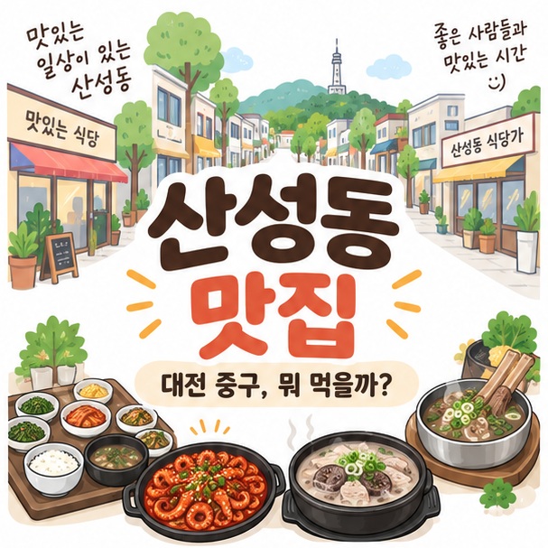 대전 중구 산성동 맛집과 한정식, 낙지요리, 국밥, 갈비탕을 함께 보여주는 이미지