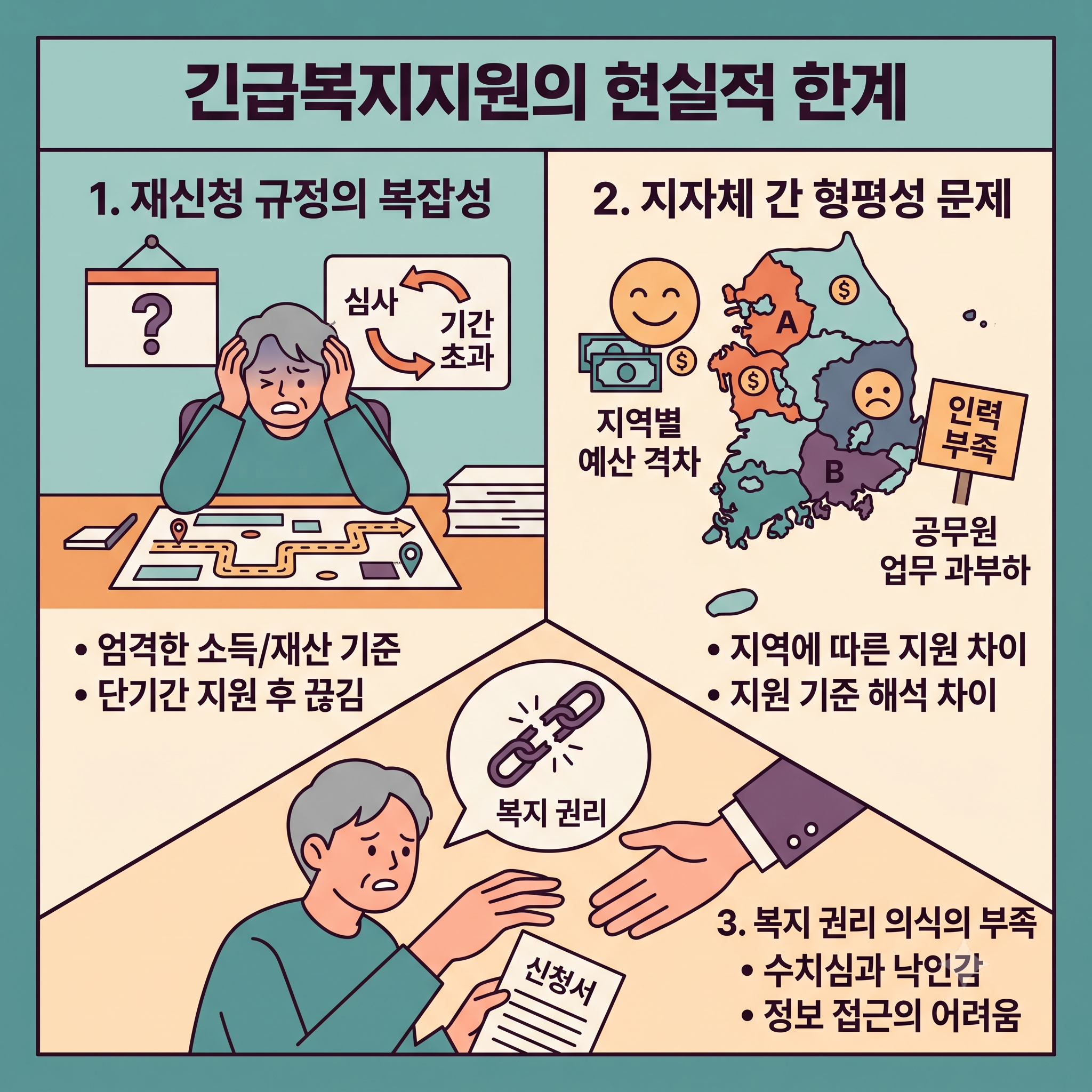 긴급복지지원의 현실적 한계를 설명하는 3분할 인포그래픽 대표 이미지
