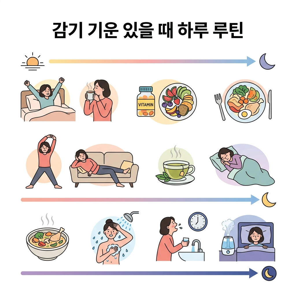 목이 따끔하고 몸이 무거운 감기 기운이 느껴지는 날, 아침부터 잠들기 전까지 어떻게 보내야 하는지 시간대별로 정리했습니다. 운동 여부, 식사 구성, 수면 준비까지 판단 기준을 제시합니다.
