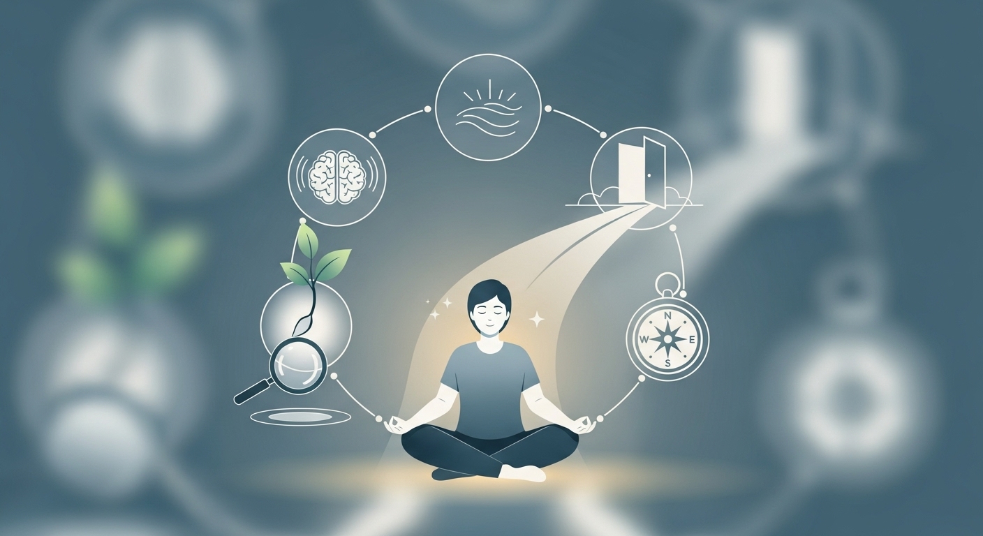 퇴사 후 새로운 커리어를 위해 마음을 다지고 자아 성찰을 하는 모습. 평화롭고 희망찬 분위기이다.