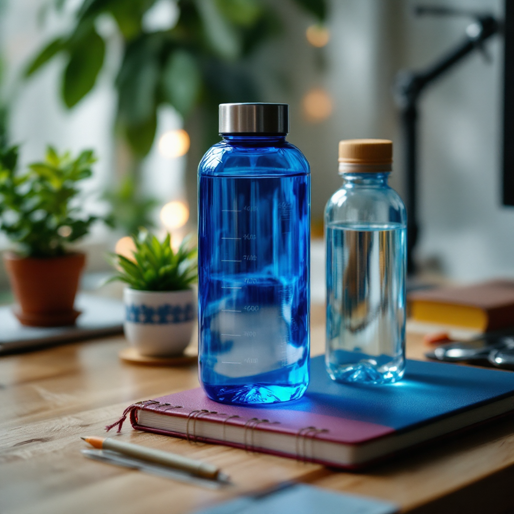 책상 위 물병과 노트