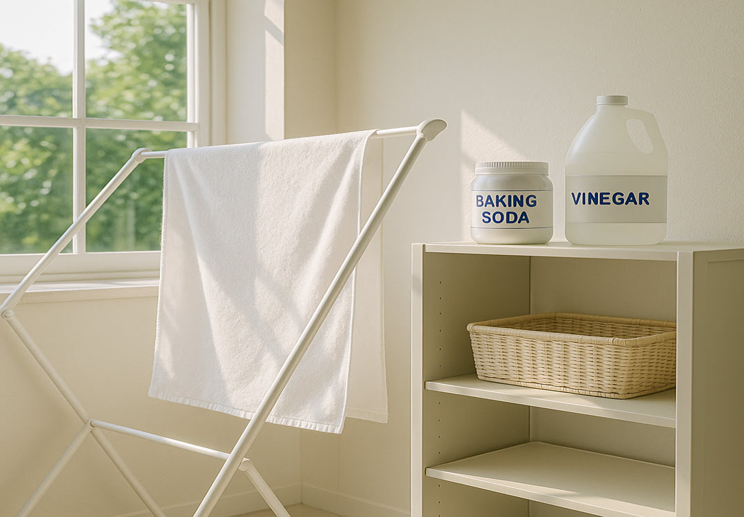 건조대에걸려있는수건과 베이킹소다와식초가3단오픈장위에있고창가에햇살이비치고있는사진