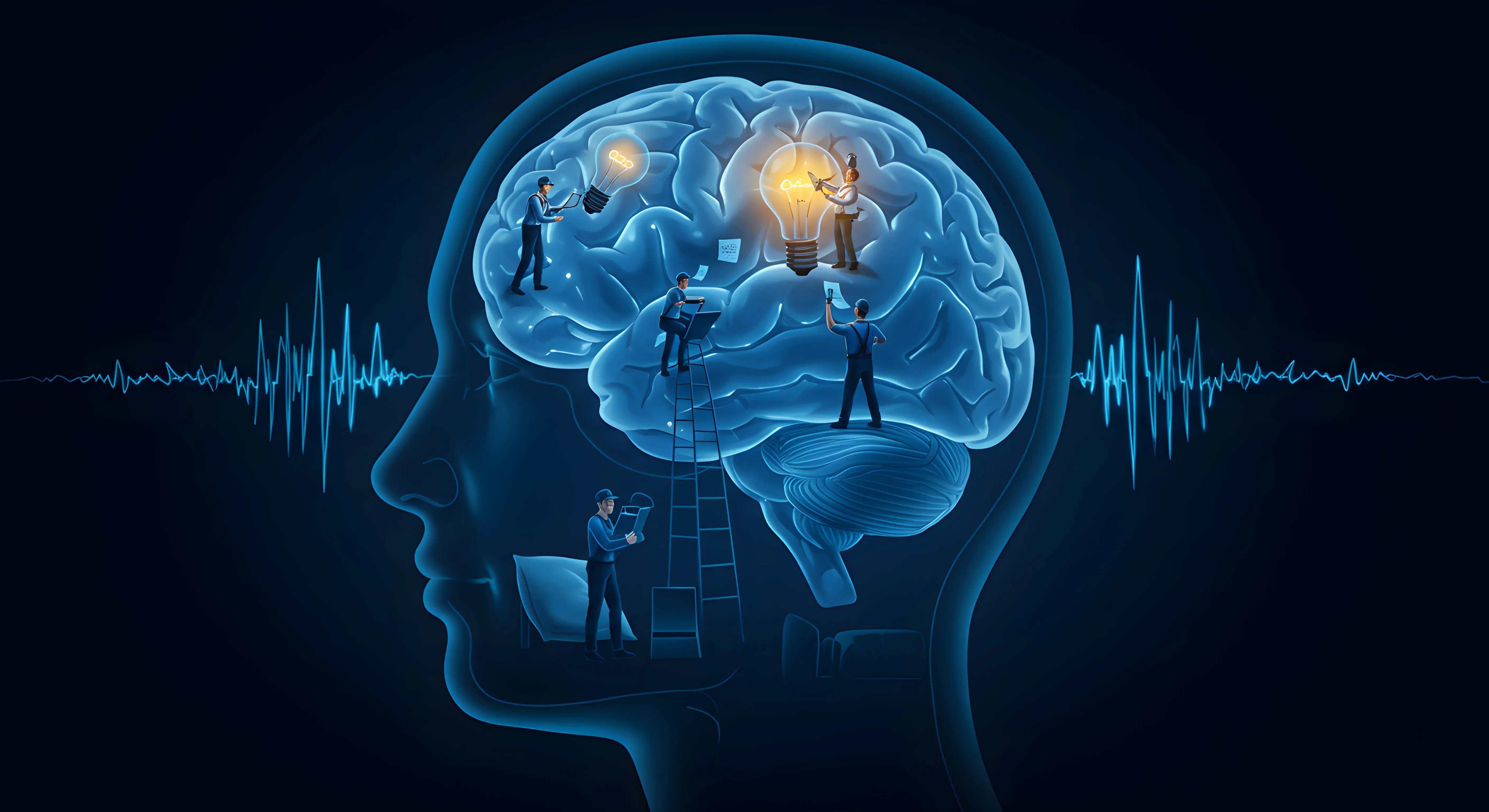 렘수면 중 기억 정리 및 창의력 향상 뇌 활동 시각화 :
투명한 인간 두뇌 실루엣 내부에서 작은 작업자들이 기억 회로를 연결하고 전구를 관리하는 모습, 렘수면 중 활성화된 뇌가 푸른빛으로 빛나며 뇌파가 좌우로 흐르는 과학적 일러스트레이션