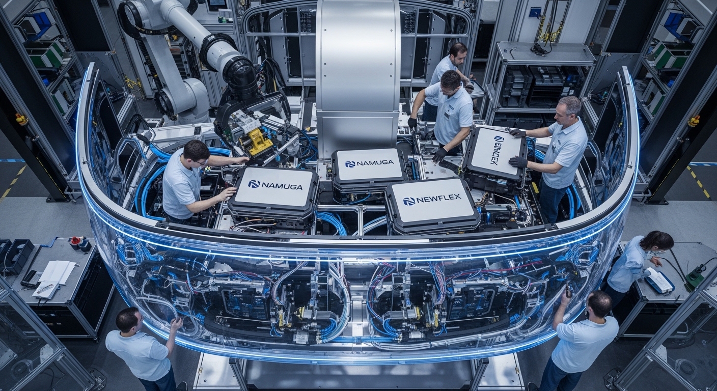 Bird's-eye view of small components bearing the logos of Namuga and Newflex being assembled into a massive VR device.