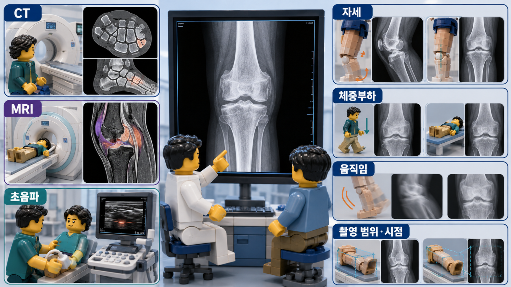 정상 X-ray 이후 CT&middot;MRI&middot;초음파의 보완 역할과 촬영 조건의 영향을 비교한 의료 인포그래픽