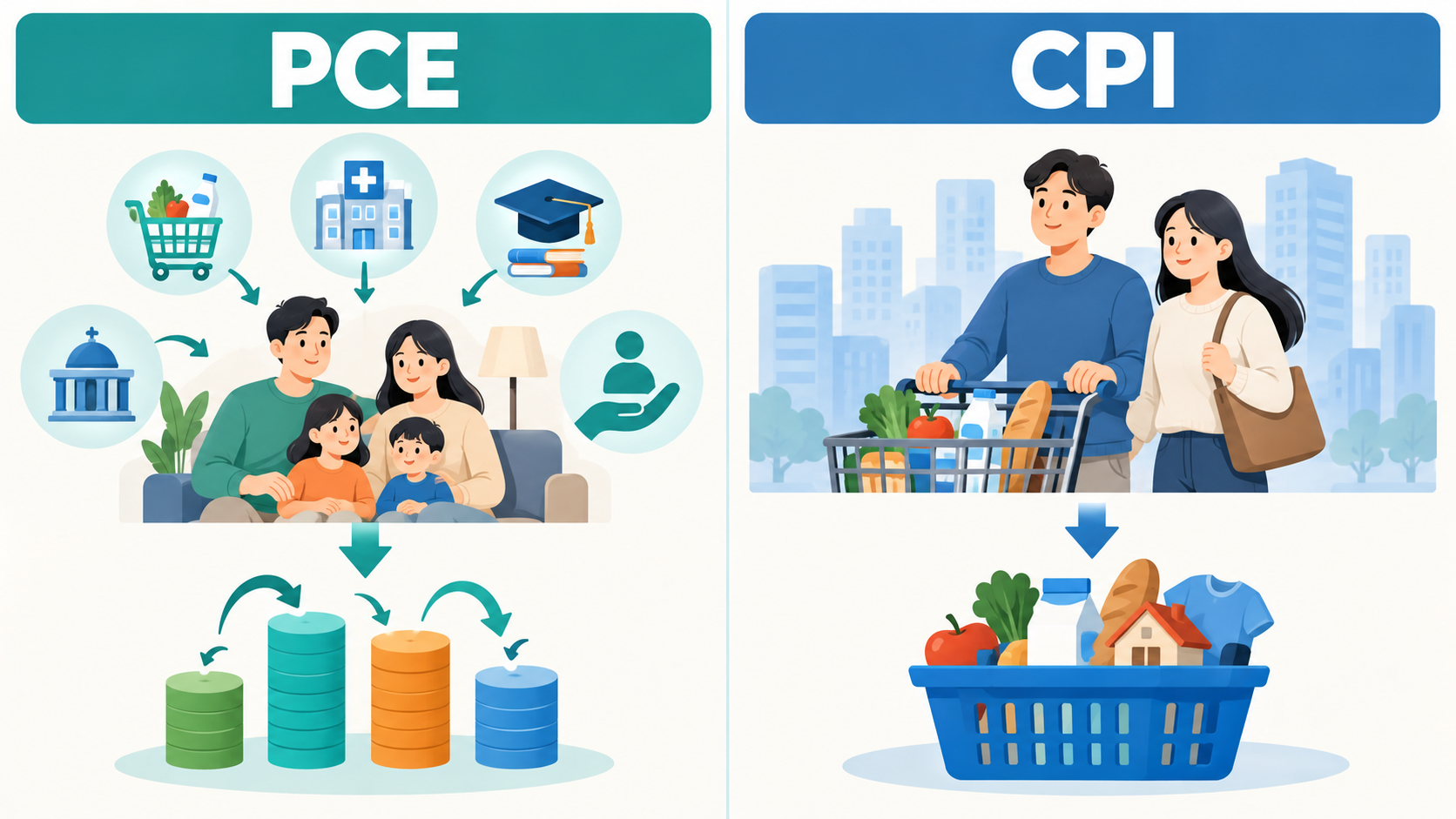 가계 대신 지출과 가중치 변화를 포함한 PCE와 도시 가계 장바구니 중심 CPI 비교