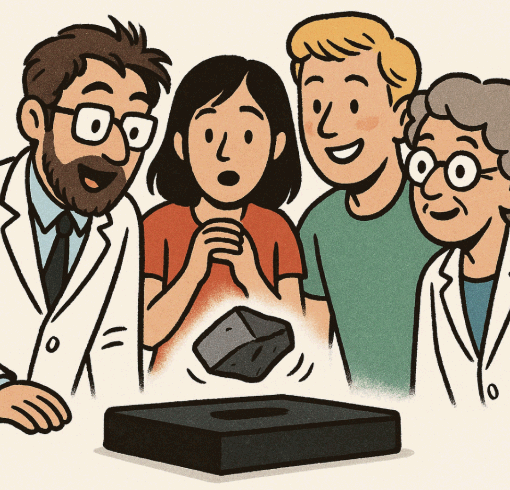 자석 위에 떠 있는 암석 모양의 시료를 관찰하며 놀라고 있는 과학자들과 일반인의 모습. 과학 실험 현장을 바라보는 다양한 반응을 따뜻하게 표현한 일러스트..