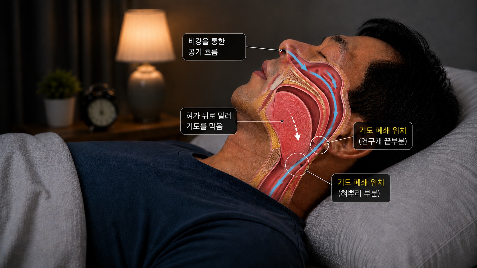 수면 중 혀와 연구개 주변 조직이 뒤로 밀리면서 기도가 좁아지는 과정을 설명한 폐쇄형 수면무호흡증 모식도