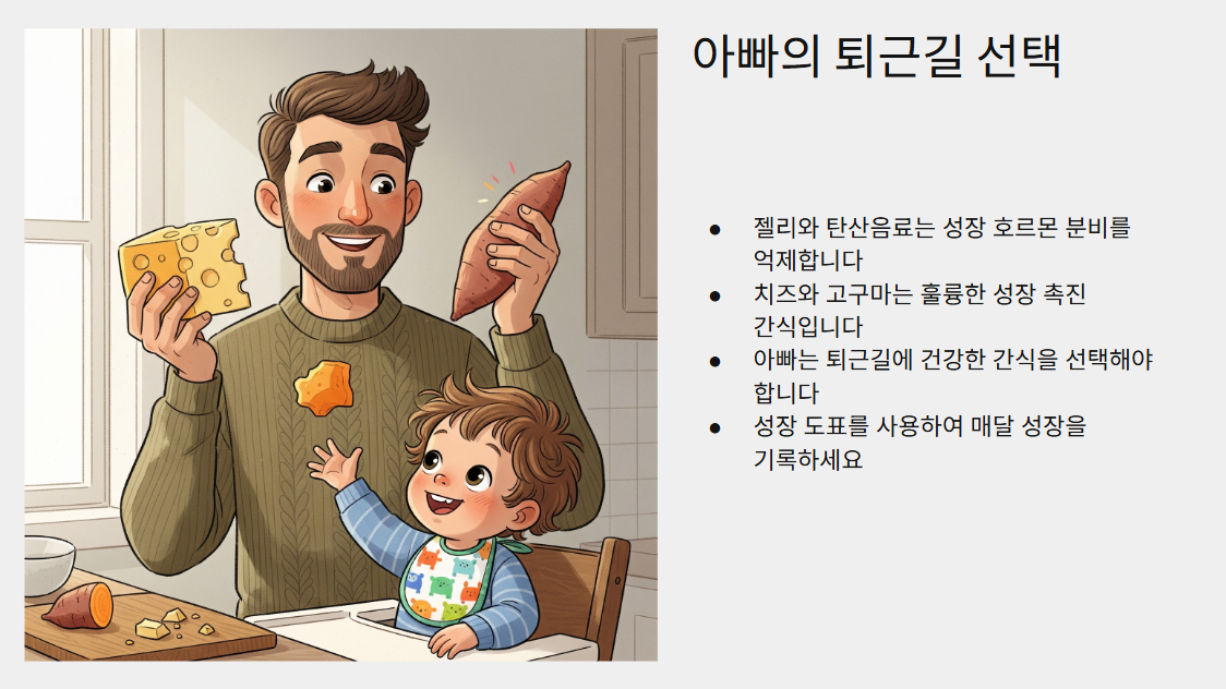 아이의 키 성장을 위한 아빠의 퇴근길 선택. 슬라이드 이미지