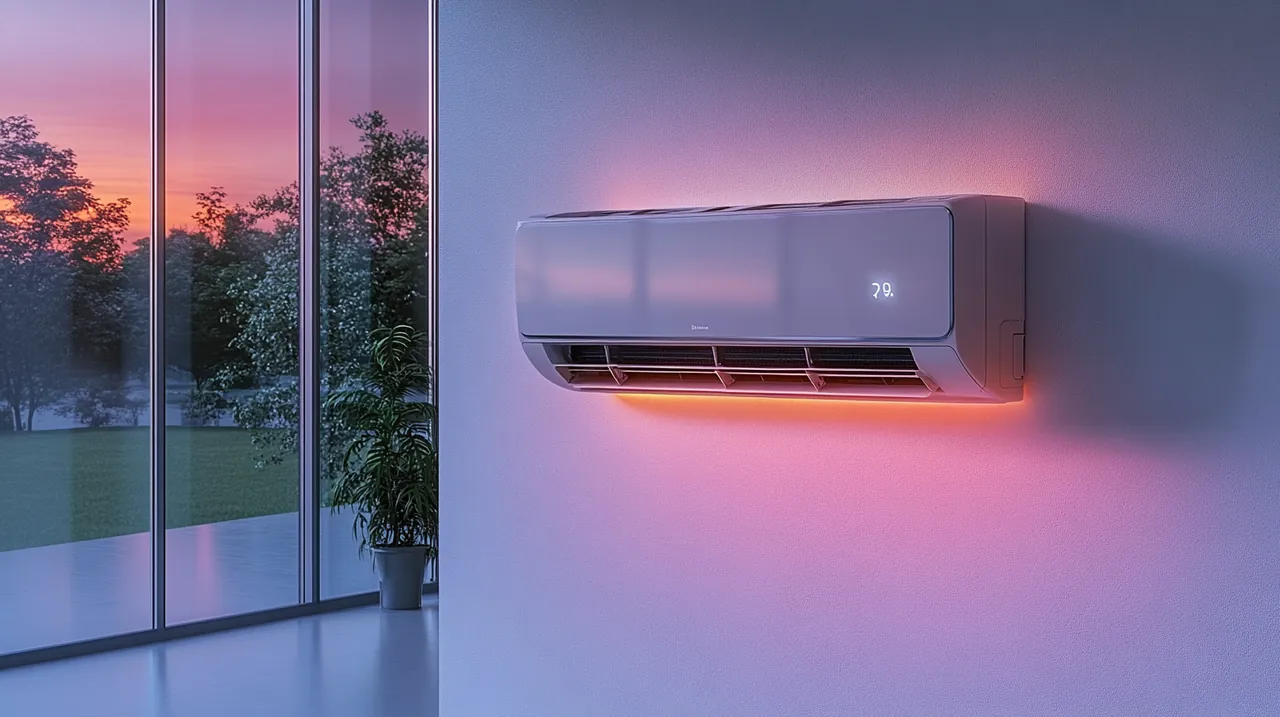 밝고 맑은 방에서 스마트 홈 장치와 자연스럽게 연동된 벽걸이 에어컨이 스마트 환경의 선두주자로 추천됩니다. 사용자 편의성과 기술의 조화를 나타냅니다.