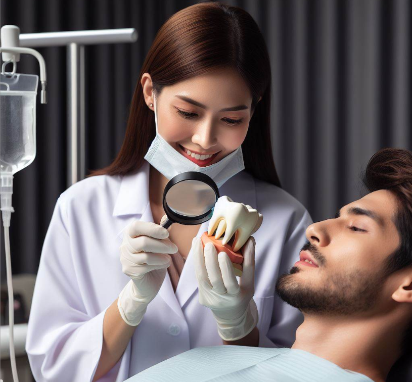 크라운치료 받고있는 치과의사와 환자 이미지