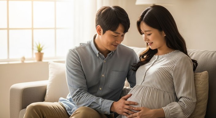 임신한 아내 배를 만지는 남편
