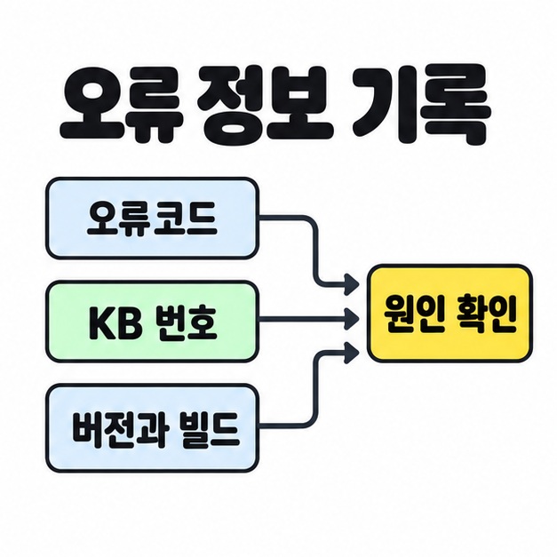 오류코드, KB 번호, 버전과 빌드의 세 정보가 원인 확인으로 각각 연결된 오류 정보 기록 도식