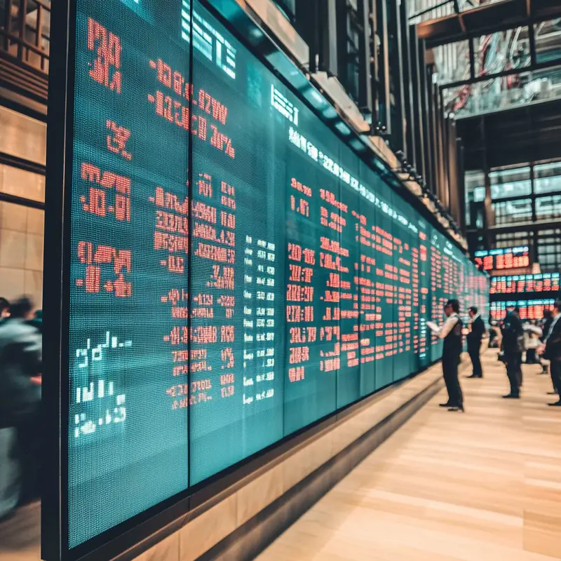 활기찬 금융 지역에서 사람들이 대형 전자 디스플레이에 나타나는 주식 시장 데이터를 분석하며 투자 기회를 찾고 있는 모습. 실시간 데이터와 함께 현대적이고 전략적인 투자 환경을 반영합니다.