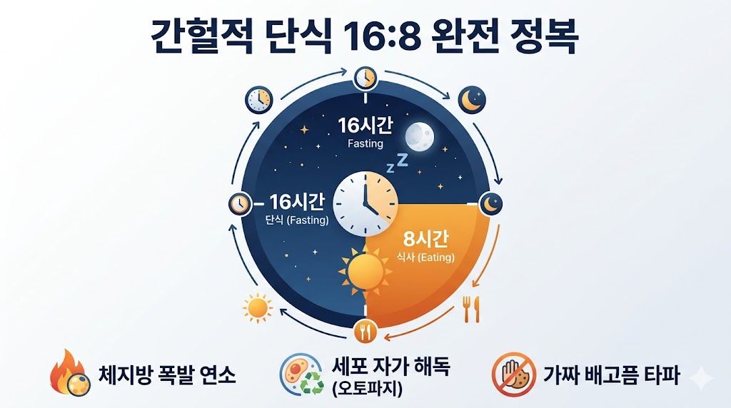 간헐적 단식 16:8 방법과 부작용 총정리: 가짜 배고픔을 이기고 체지방만 쏙 빼는 과학적 루틴