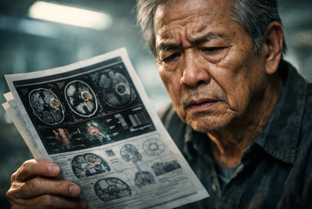 MRI 결과지를 들고 내용을 확인하며 혼란스러워하는 아시안계 남성 노인 환자의 모습