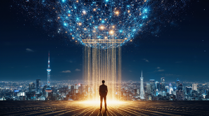 AI의 힘은 컴퓨팅 의지를 묘사하며 웅장하고 철학적이며 미래적인 분위기를 표현한 이미지