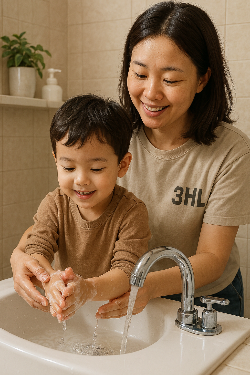 아이와 엄마가 손을 씻고 있는 모습
