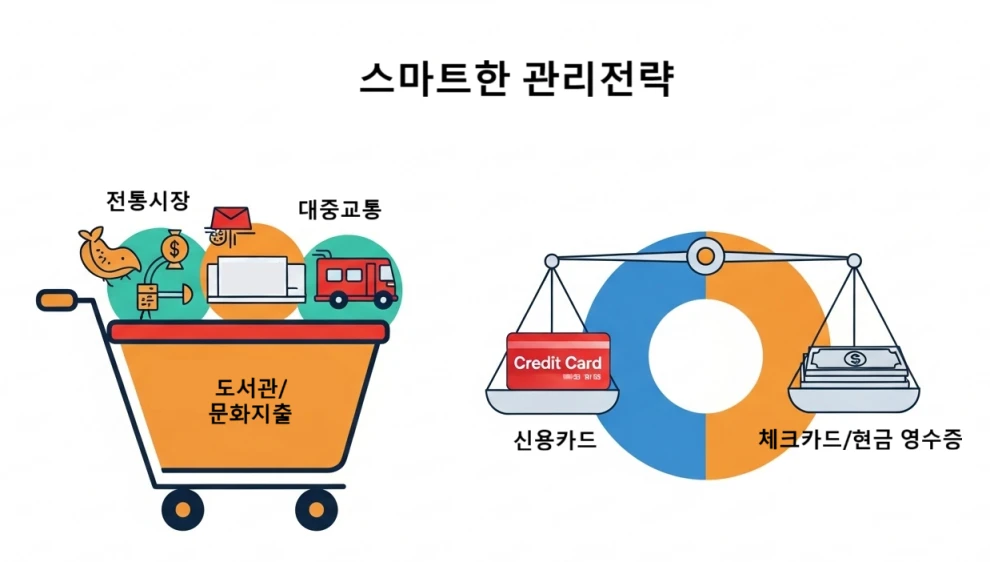 전통시장, 대중교통 등 특별 공제 항목과 신용카드, 체크카드 사용 비중을 보여주는 스마트 지출 관리 전략