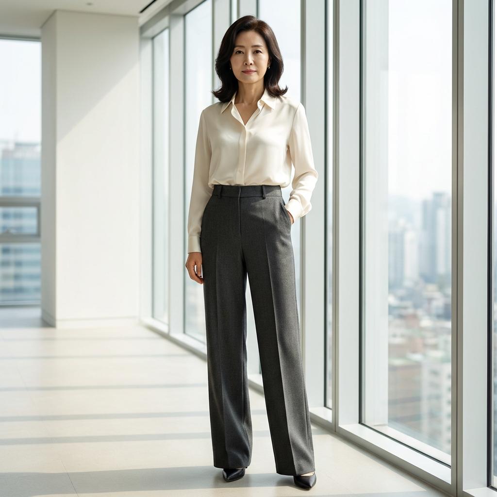 뱃살 가려주는 여성 정장 바지 샤트렌 핏 분석