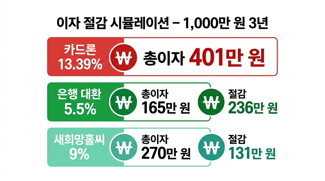 이자 절감 비교 블록 인포그래픽 (카드론 401만 원 vs 은행 대환 165만 원 vs 새희망홀씨 270만 원)