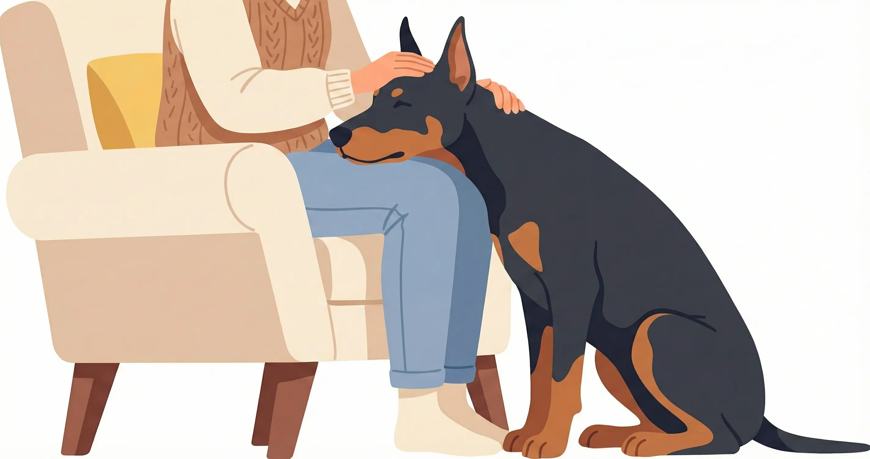 보호자 소파 옆에 딱 붙어 턱을 괴고 있는 애교 많은 도베르만