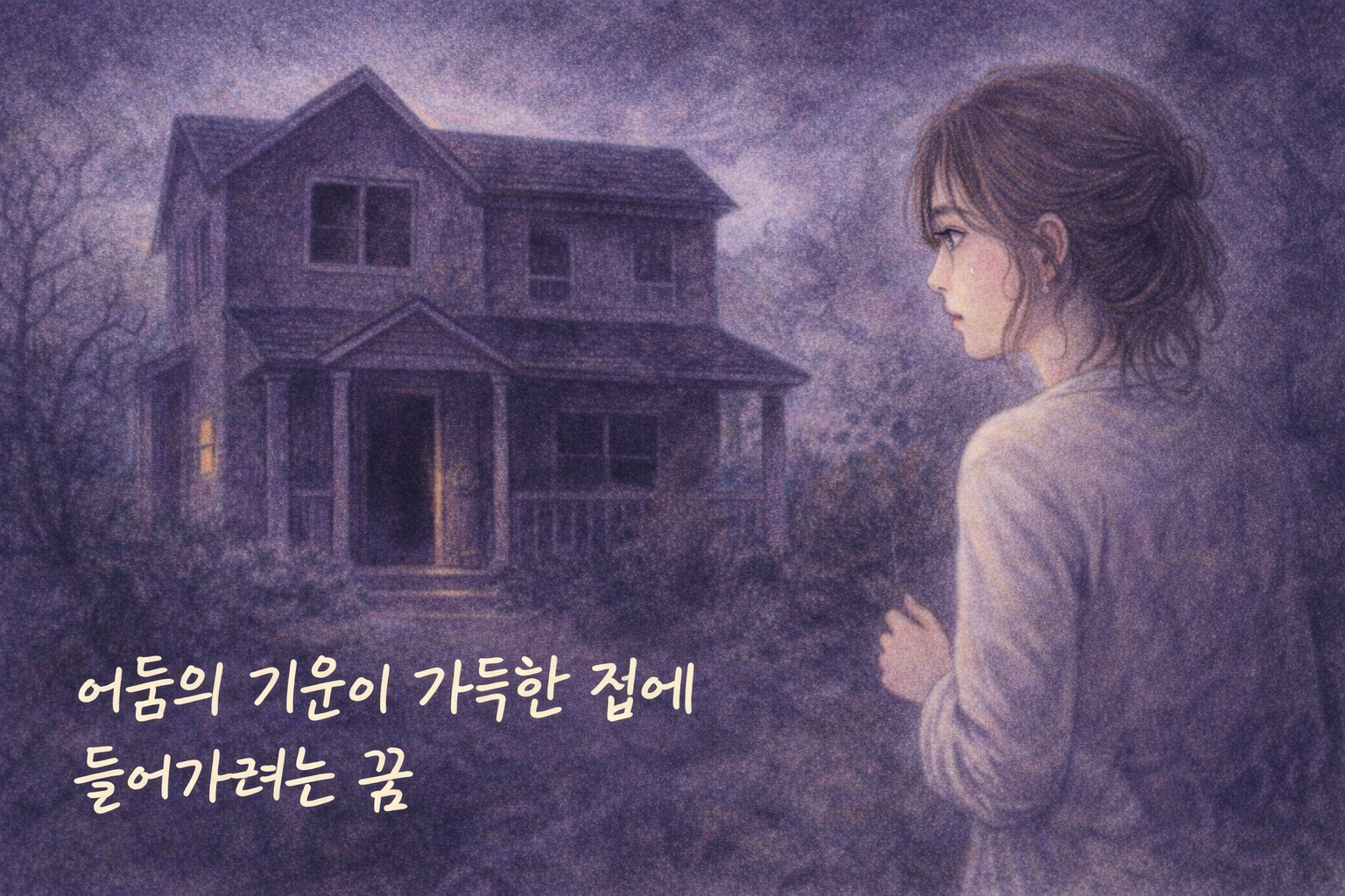 어두운 집 앞에서 망설이며 바라보는 여성의 색연필 질감 일러스트